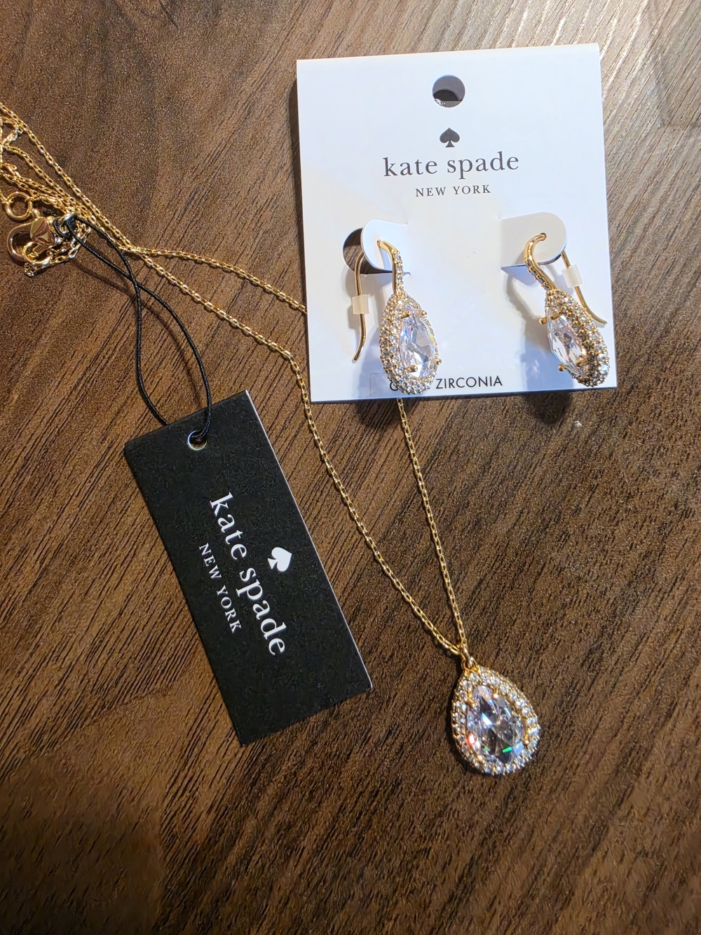 Kate Spade Gold CZ Teardrop Necklace with Matching Earrings Authentic
